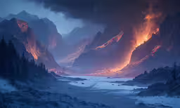 a painting of mountains during the evening time