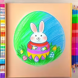 a drawing of a rabbit dressed as an egg,a painting of a white bunny in a green egg