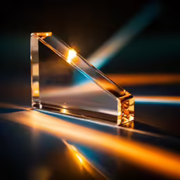a clear glass award is placed on a reflective surface