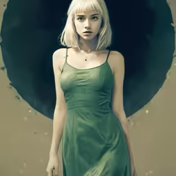 a woman standing in front of a round background
