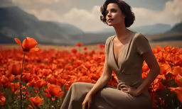 a woman in a dress is sitting by red flowers
