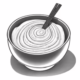 a drawing of a bowl of dip with two large sticks