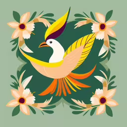 this colorful bird is flying between flowers and leaves