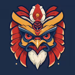 an angry looking bird with red eyes and a white helmet