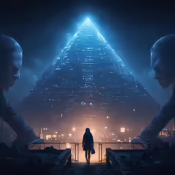 two people in front of a very tall pyramid
