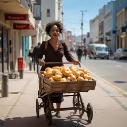 woman pushing wagon of baked donuts down a busy city street