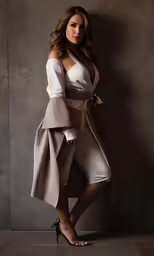 the beautiful woman in white and black is posing