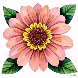 an image of pink and yellow flower with leaves,a watercolor painting of a flower with leaves on it,an illustration of a bright pink flower with a green leaf,a drawing of a large pink flower with green leaves,the watercolor illustration is shown on the page