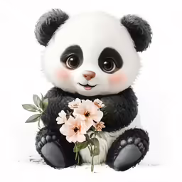 a black and white panda bear holding a flower