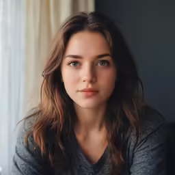 a woman sitting next to a window in a room