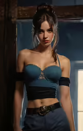 a beautiful young woman in a blue and black bra top