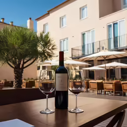 two glasses of wine sit on the table in front of an outdoor restaurant