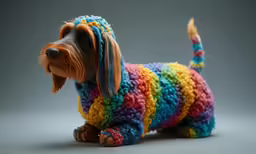 a small dog wearing a knitted coat made out of yarn