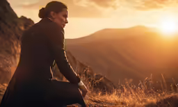 the woman in a black coat is sitting in a mountain
