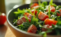 a close - up view of a salad with red tomatoes and arugula leaves