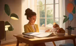 a young woman sits at her desk looking down