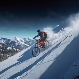 a mountain biker rides down the side of a snowy slope