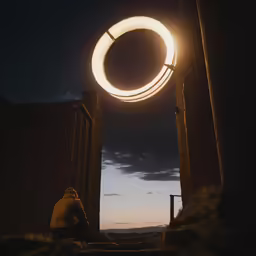 a person with a flashlight near an archway with the sun in the sky