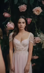a woman in pink gown standing under flowers