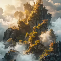 a fantasy setting in the sky with mountains and trees