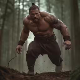 a man is posing in the woods in the middle of the forest