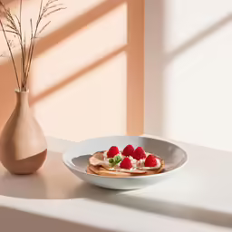 the bowl is next to a vase and a plate with fruit