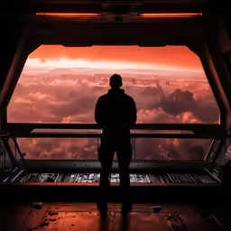a person looking out the window of an aircraft on a foggy day
