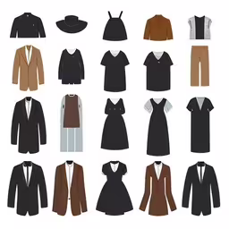 various clothing and accessories arranged in rows on a white background,flat design women