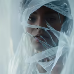 a woman covered in plastic bags with her head under covering