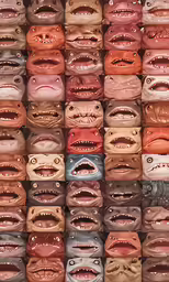 close up of multiple mouths and mouth rings made of leather
