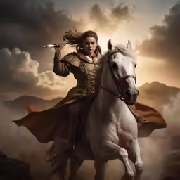 there is a young girl riding on the back of a white horse