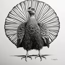 a black and white photo of a bird in front of a fan
