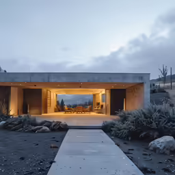 the large outdoor building is lit up at dusk