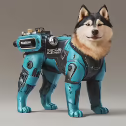 a toy dog with a machine gun and helmet