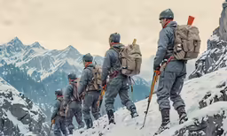 a group of soldiers climbing up a mountain in winter