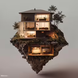 a tree house built into the water and surrounded by trees