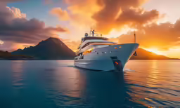 an ocean liner is sailing down the water during sunset