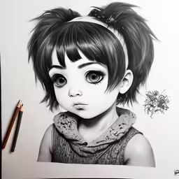 a drawing of a little girl with a very messy ponytail