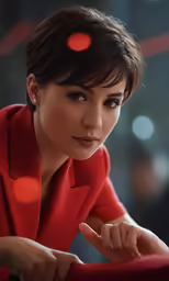 a woman with a red blazer leaning on a chair looking into the distance
