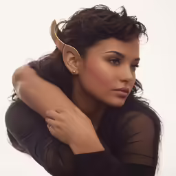 a beautiful woman in black top holding her arm up with an ear ring