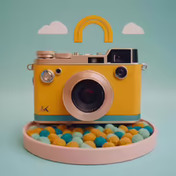 an adorable yellow camera sitting on a platter of small balls