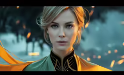 a woman with blonde hair and blue eyes is standing outdoors