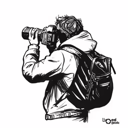 an ink - drawing of a photographer taking pictures with his camera