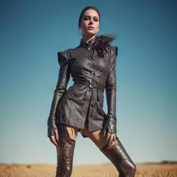 a woman wearing a suit with lots of leather on the sides