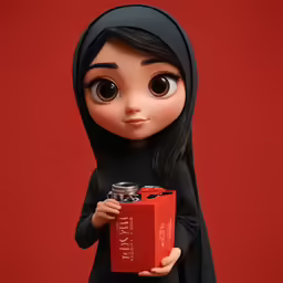 a doll holding a christmas gift box wearing a black dress