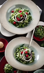 three plates with a salad on them with fruits and vegetables