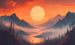 a painting of a sunset with mountains and water
