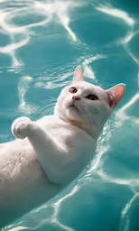 a white cat floating in a pool with no swim cap