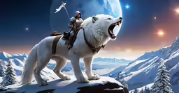 a girl on a white polar bear on a snowy surface