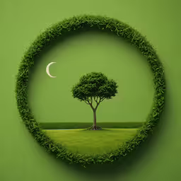the circle is shaped like a tree with grass,there is a green circular with the image of a tree and the moon